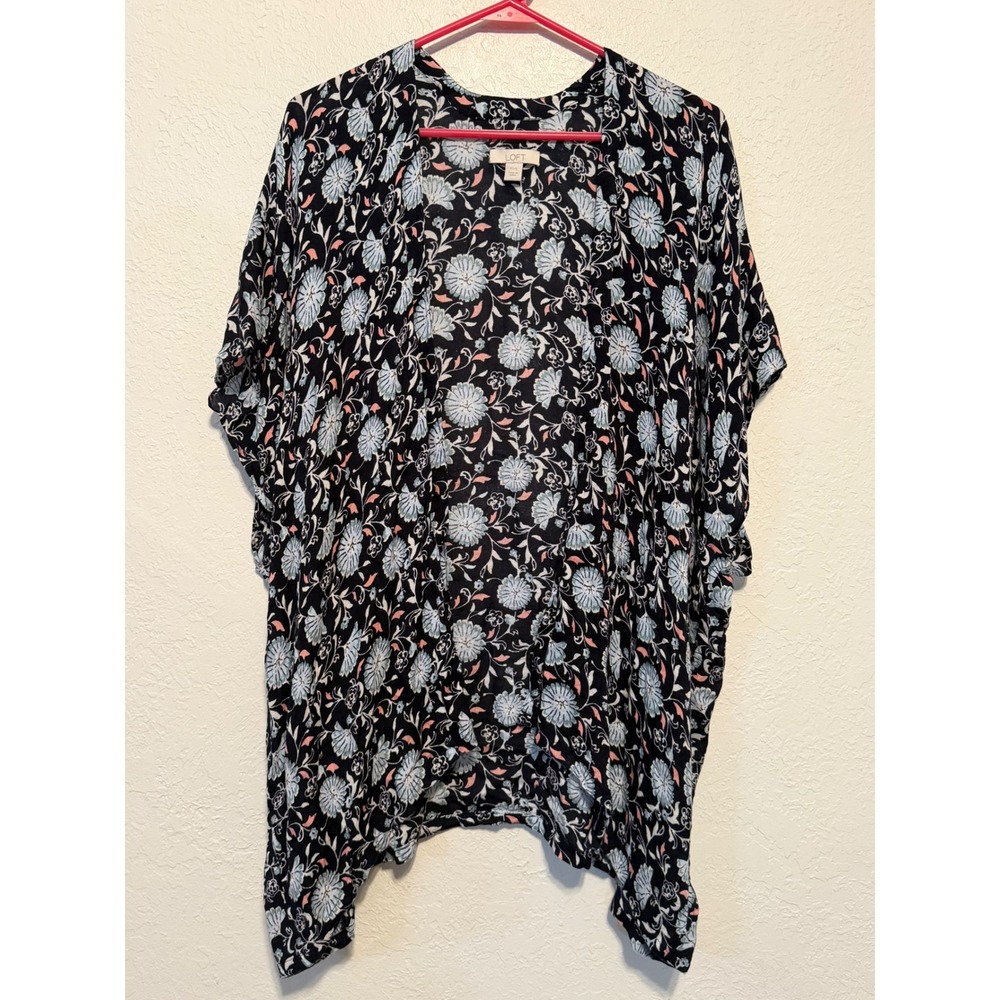 LOFT Floral Kimono Wrap Navy Blue Pink Open Front Draped Cardigan XS/S s/533860